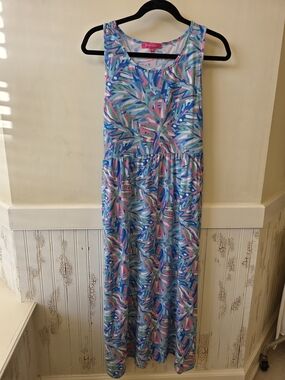 Simply Southern Colorful Tropical Maxi Dress in Blue, Pink & White